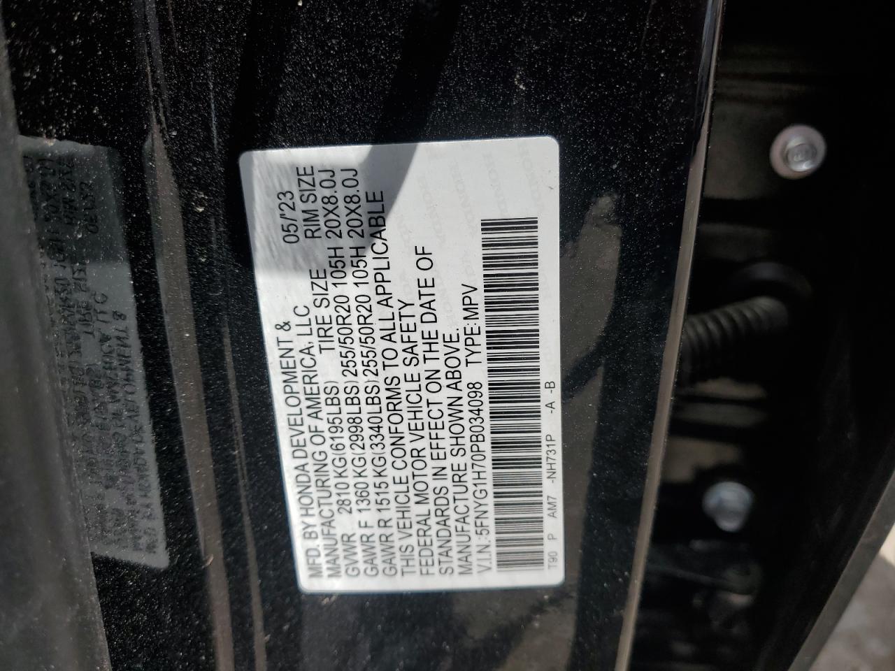2023 HONDA PILOT TOURING VIN:5FNYG1H70PB034098