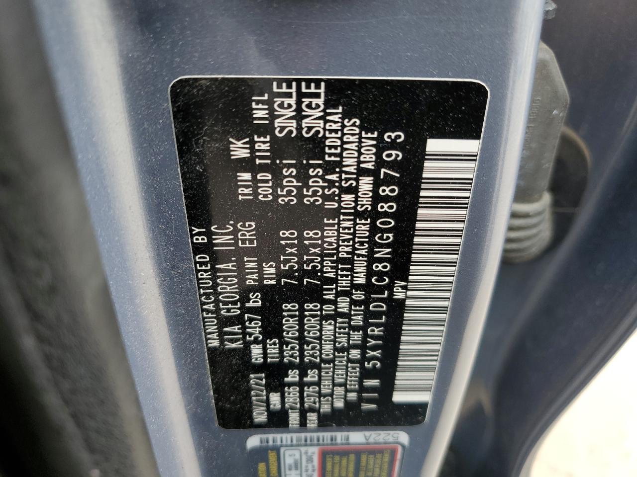 2022 KIA SORENTO S VIN:5XYRLDLC8NG088793