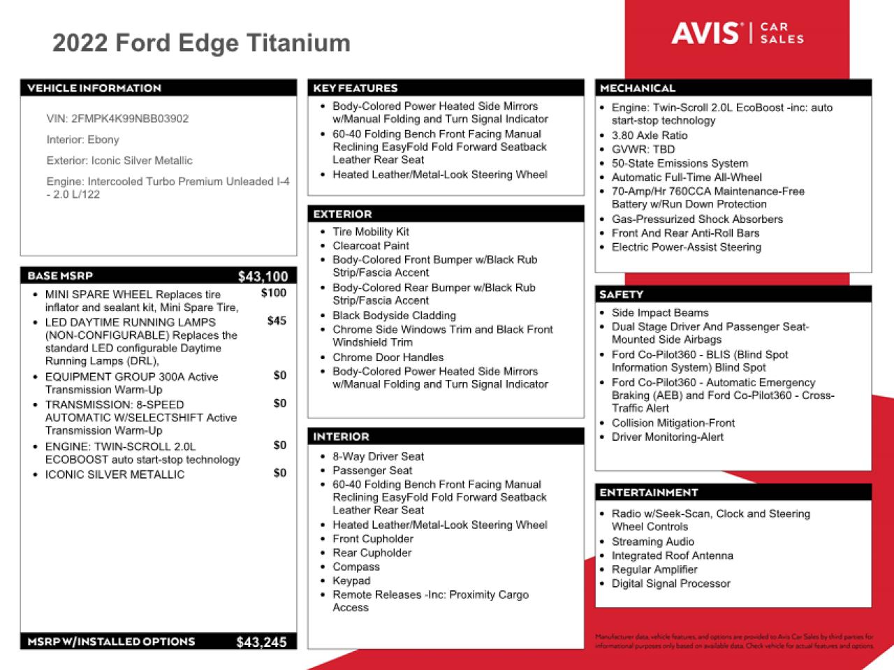 2022 FORD EDGE TITANIUM VIN:2FMPK4K99NBB03902