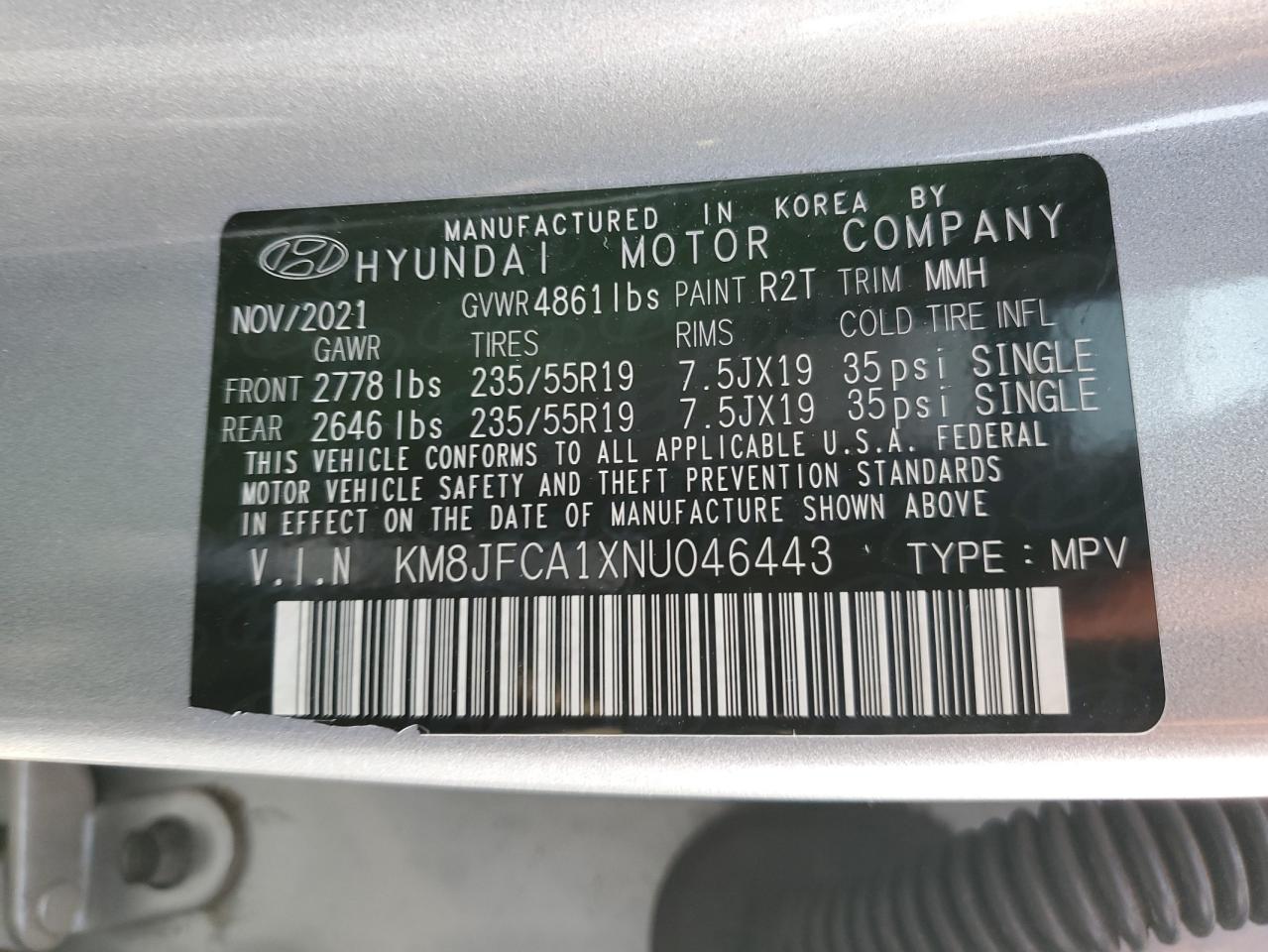 2022 HYUNDAI TUCSON SEL CONVENIENCE VIN:KM8JFCA1XNU046443