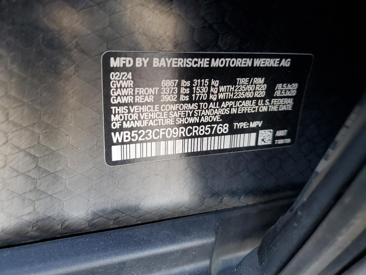 2024 BMW IX XDRIVE50 VIN:WB523CF09RCR85768