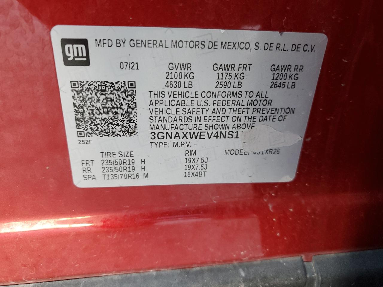 2022 CHEVROLET EQUINOX RS VIN:3GNAXWEV4NS100455