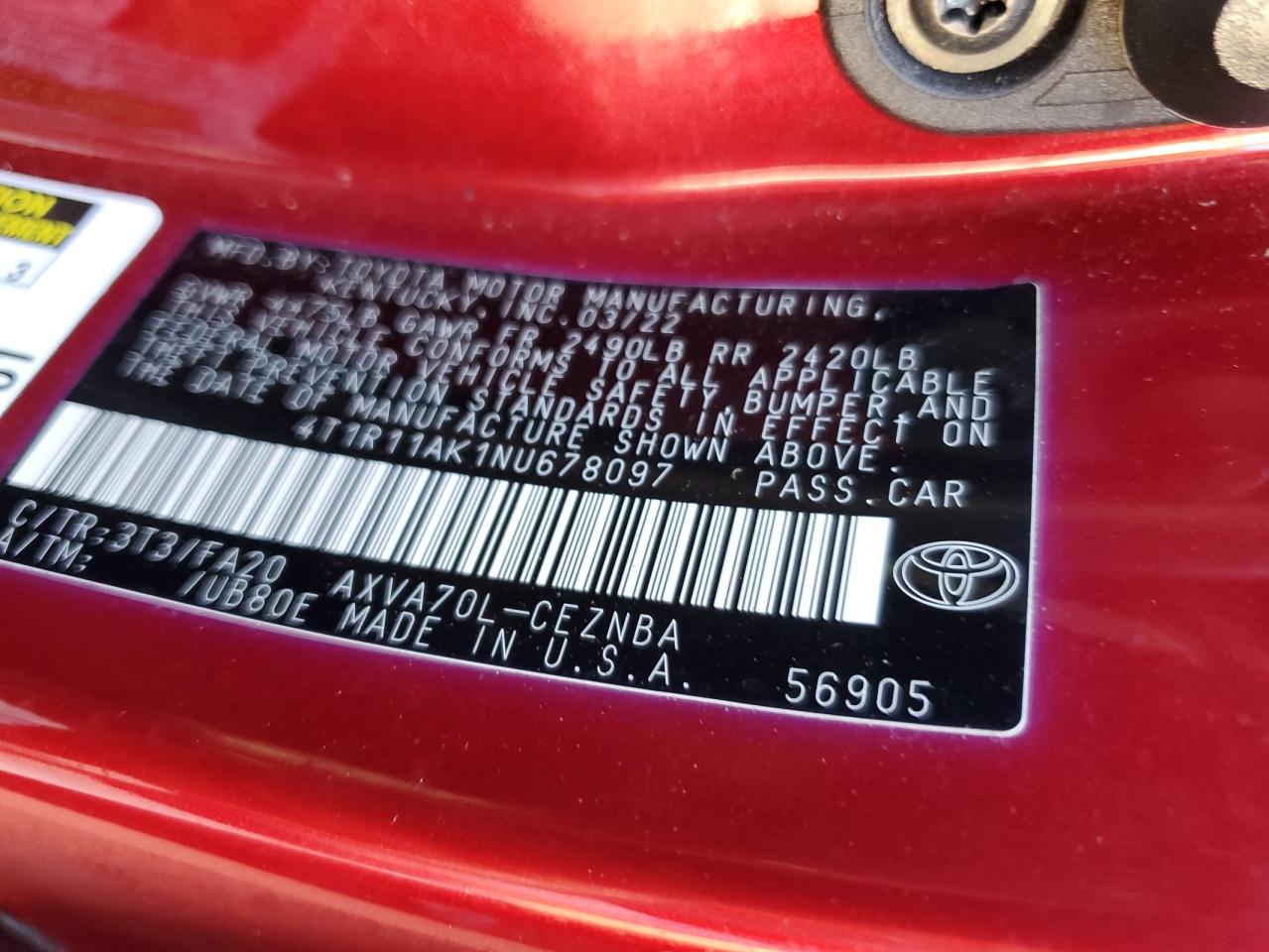 2022 TOYOTA CAMRY LE VIN:4T1R11AK1NU678097