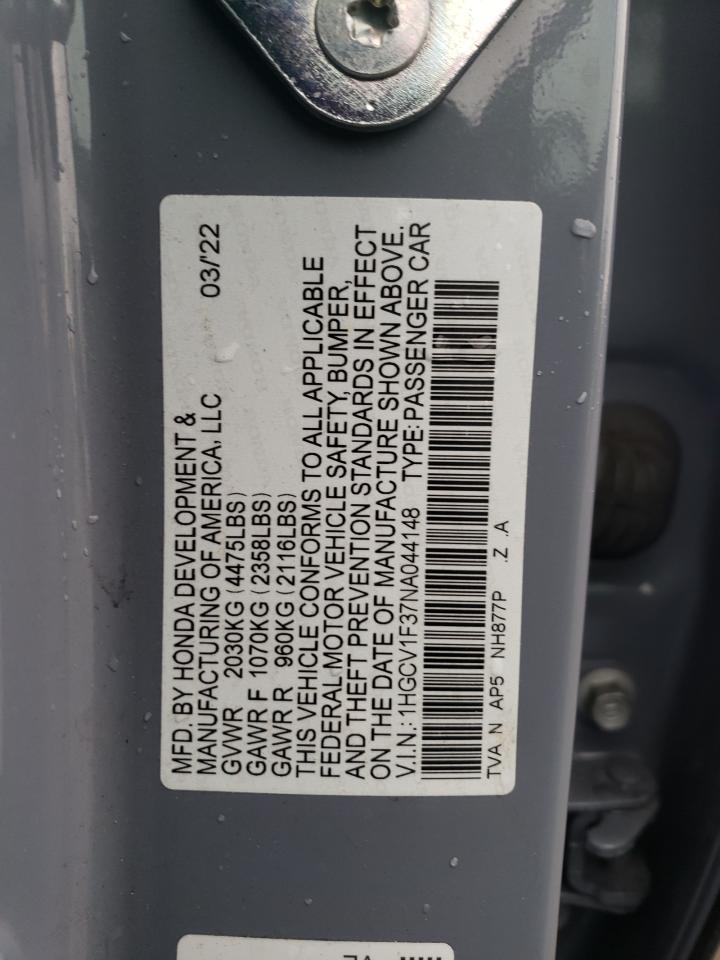 2022 HONDA ACCORD SPORT VIN:1HGCV1F37NA044148