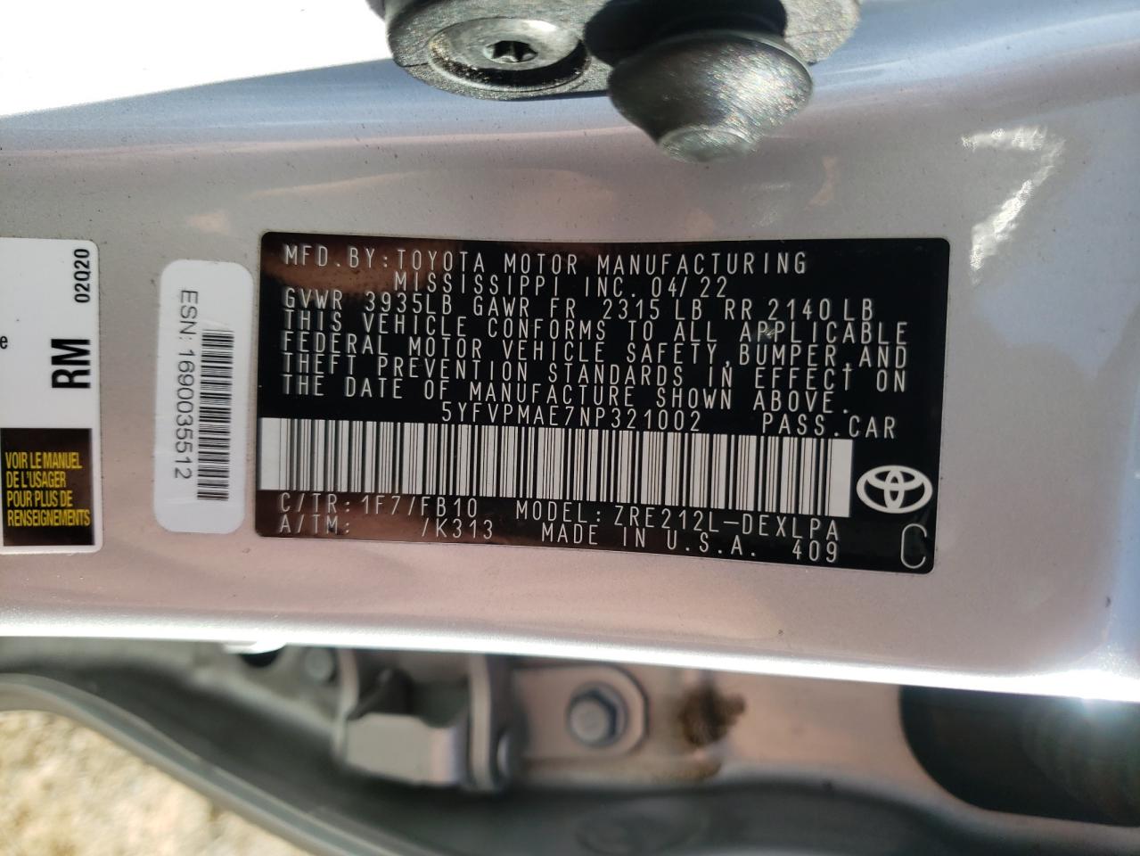 2022 TOYOTA COROLLA LE VIN:5YFVPMAE7NP321002