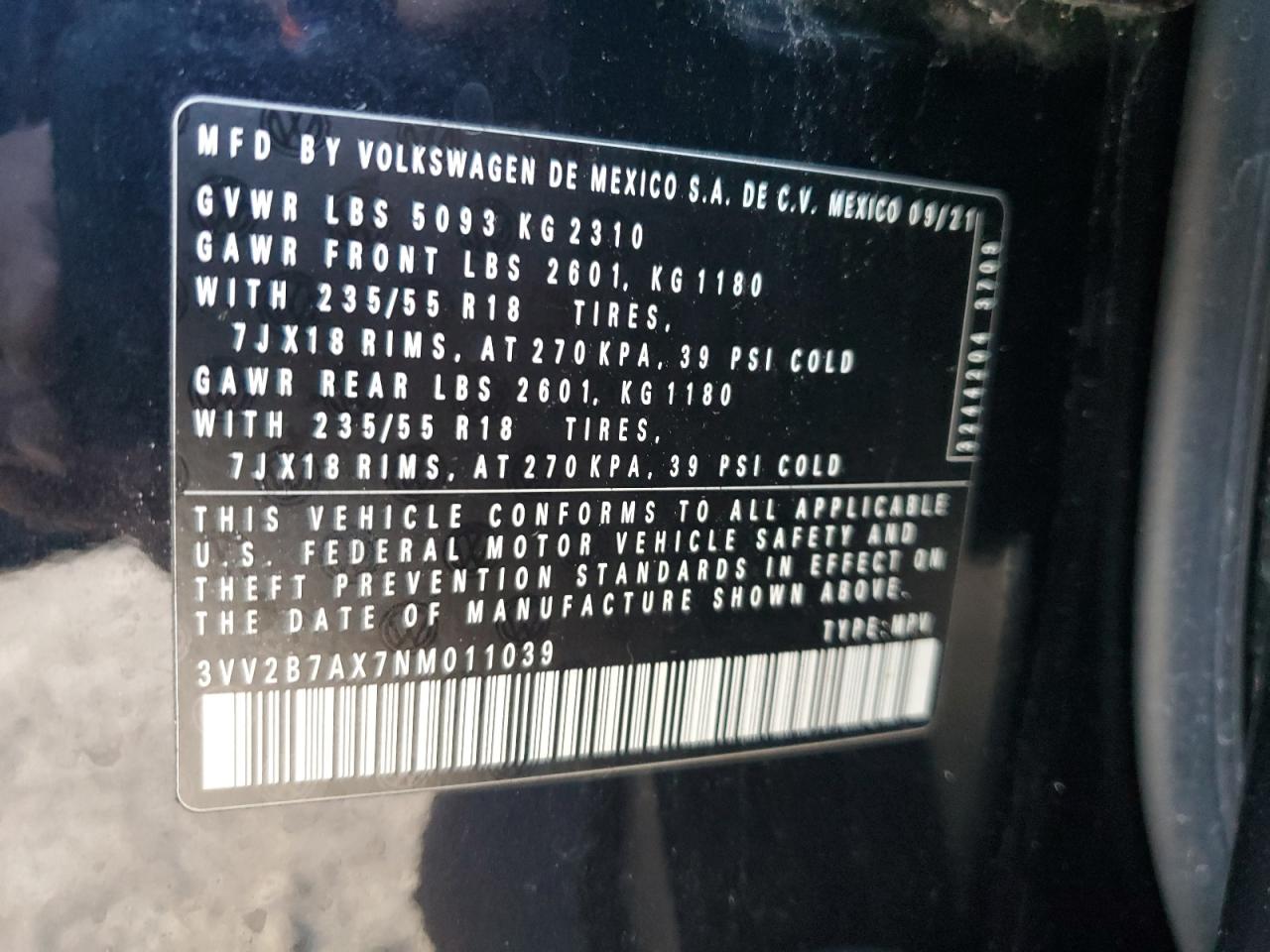 2022 VOLKSWAGEN TIGUAN SE VIN:3VV2B7AX7NM011039
