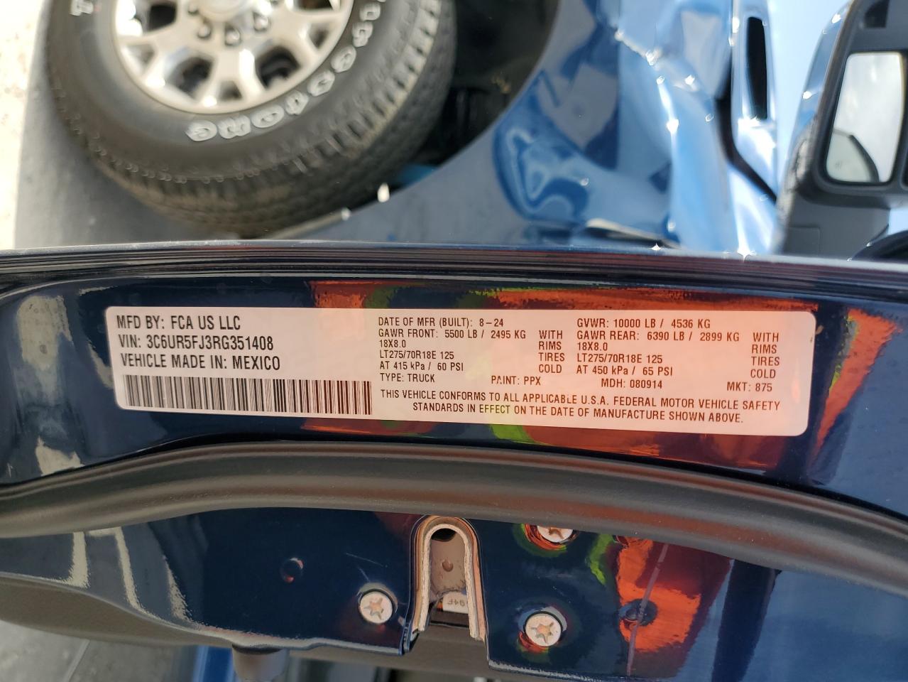 2024 RAM 2500 LARAMIE VIN:3C6UR5FJ3RG351408