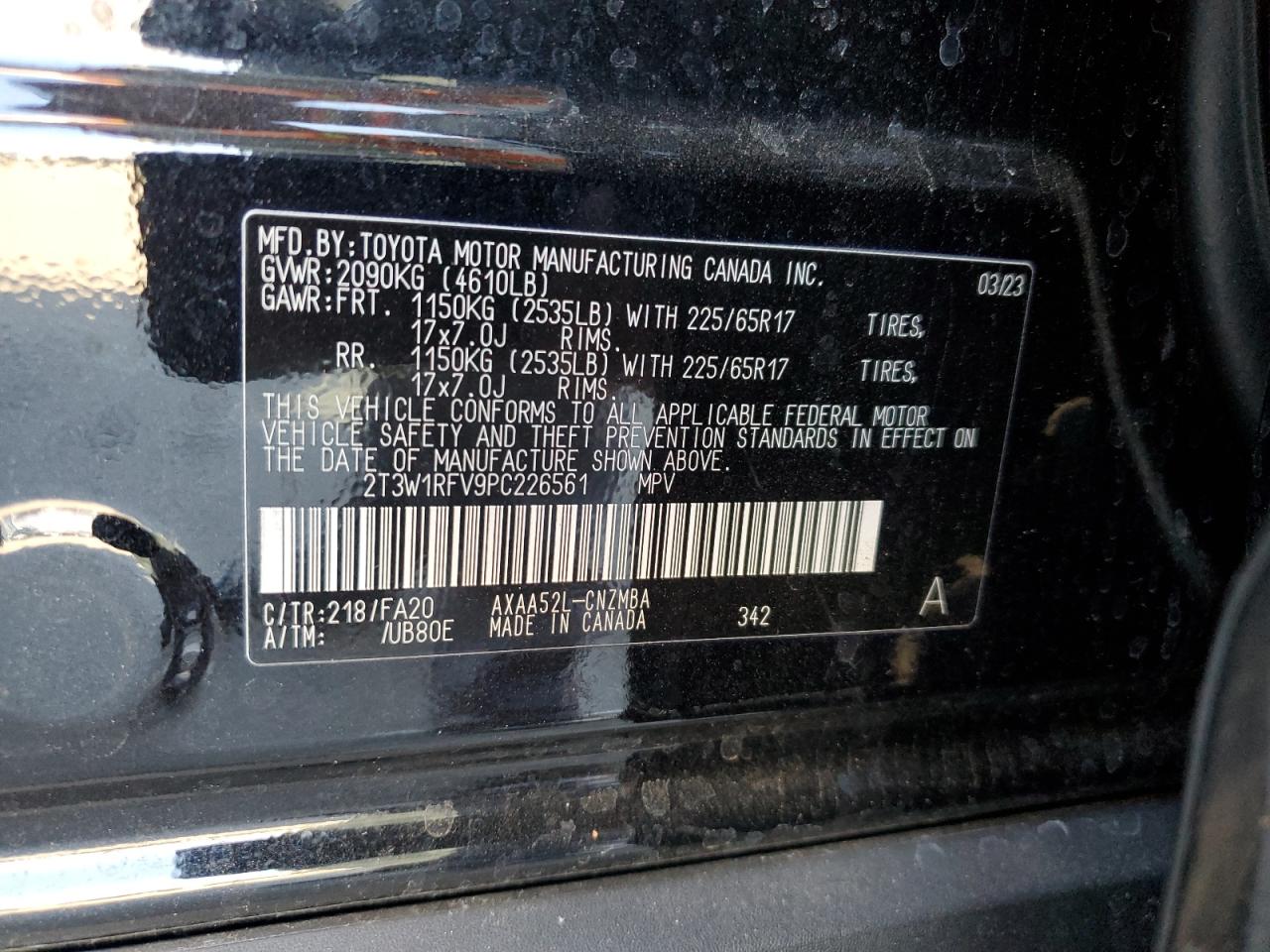 2023 TOYOTA RAV4 XLE VIN:2T3W1RFV9PC226561