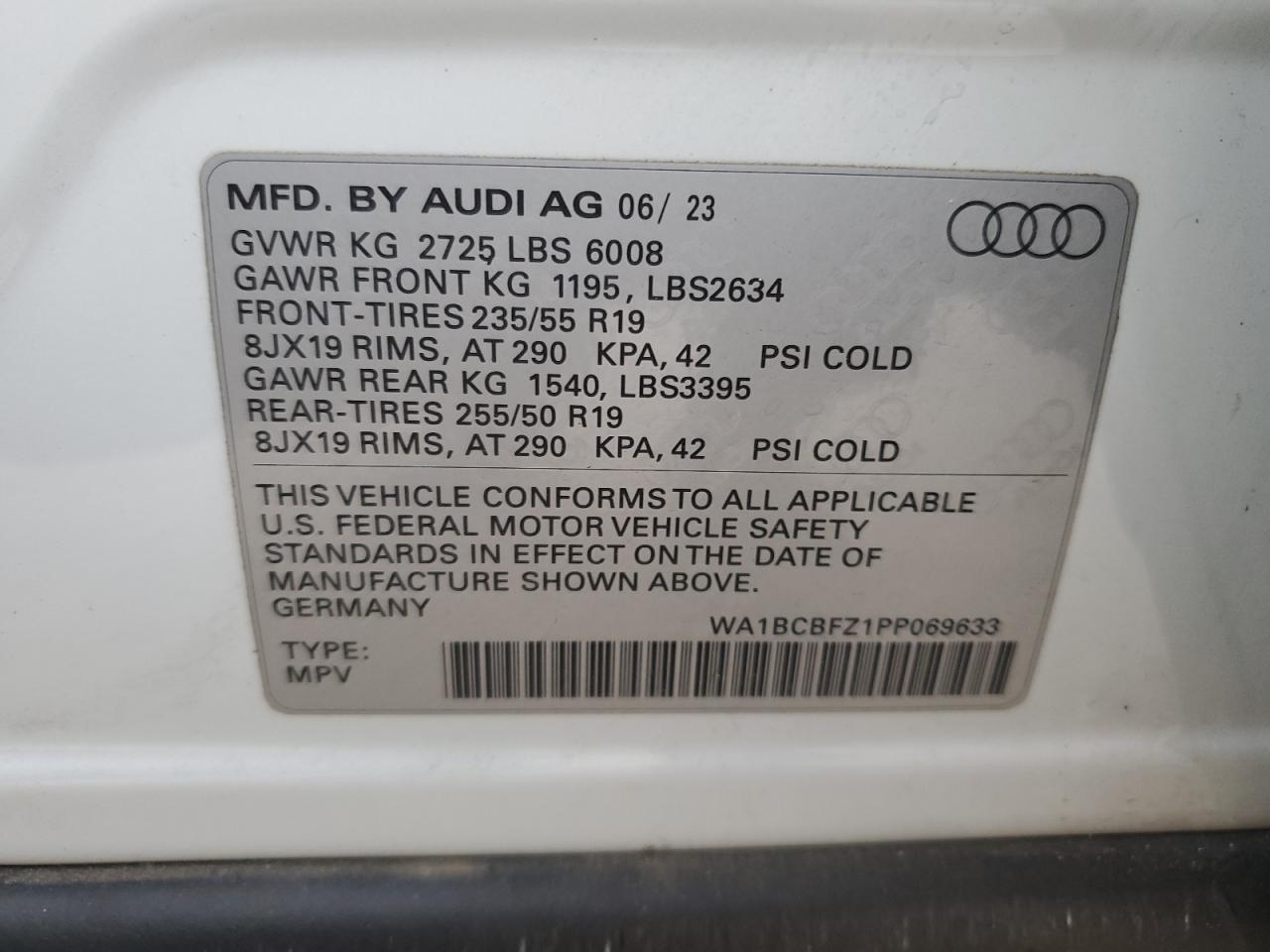 2023 AUDI Q4 E-TRON PREMIUM PLUS VIN:WA1BCBFZ1PP069633