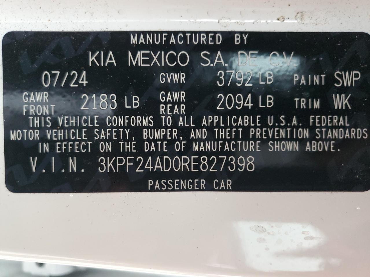 2024 KIA FORTE LX VIN:3KPF24AD0RE827398