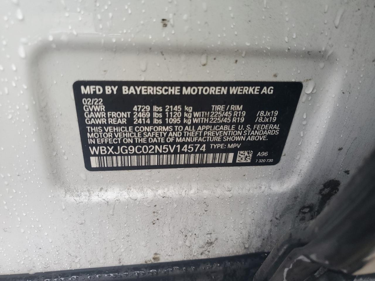 2022 BMW X1 XDRIVE28I VIN:WBXJG9C02N5V14574