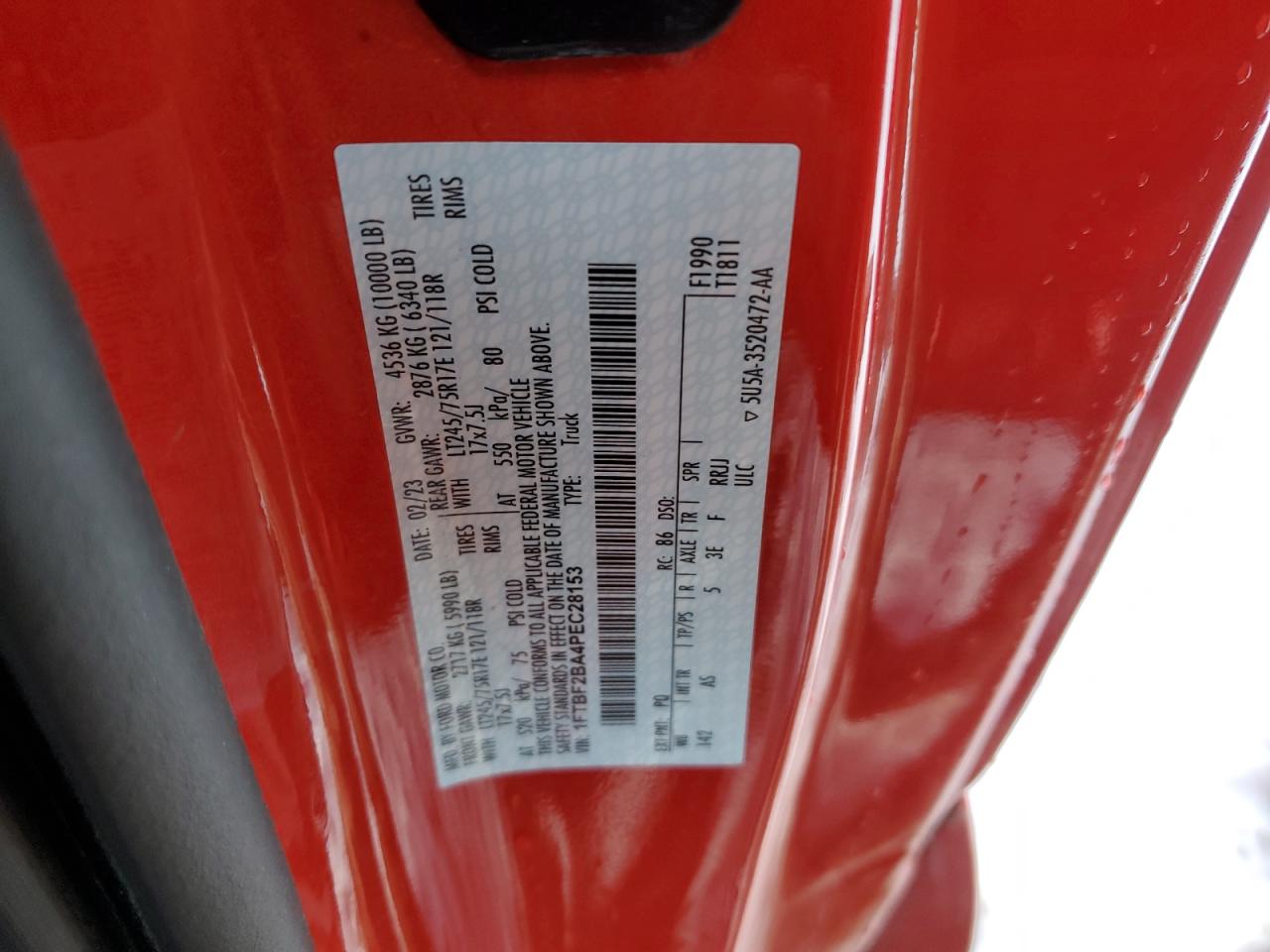 2023 FORD F250 SUPER DUTY VIN:1FTBF2BA4PEC28153