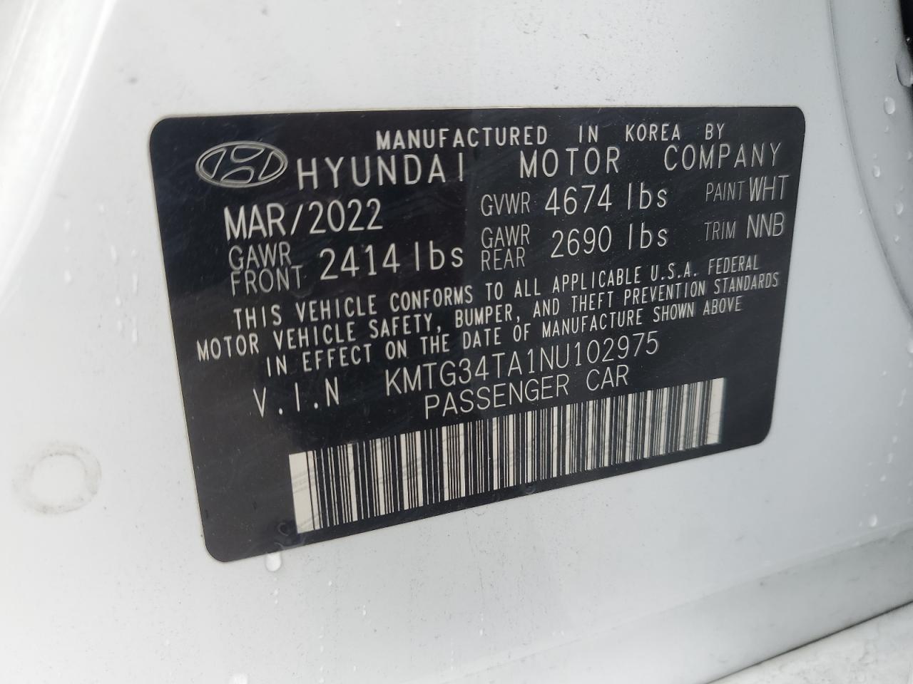 2022 GENESIS G70 BASE VIN:KMTG34TA1NU102975