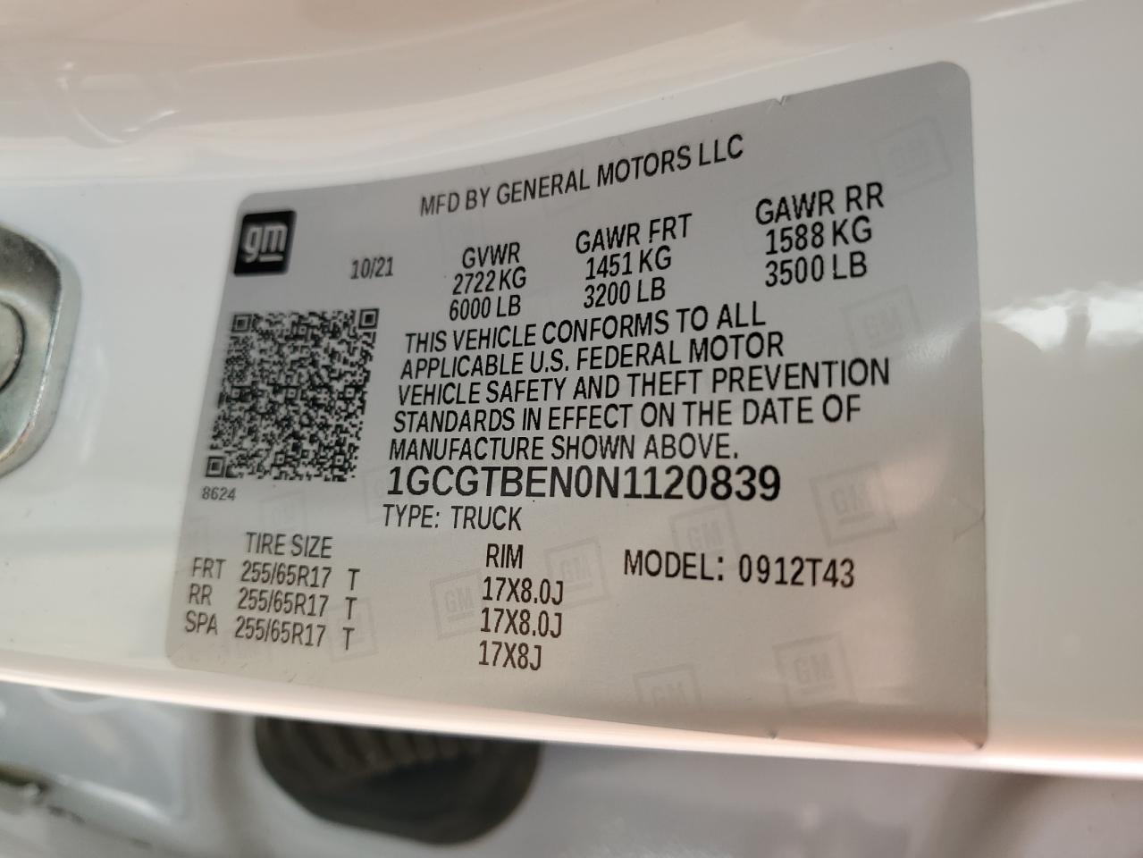 2022 CHEVROLET COLORADO  VIN:1GCGTBEN0N1120839