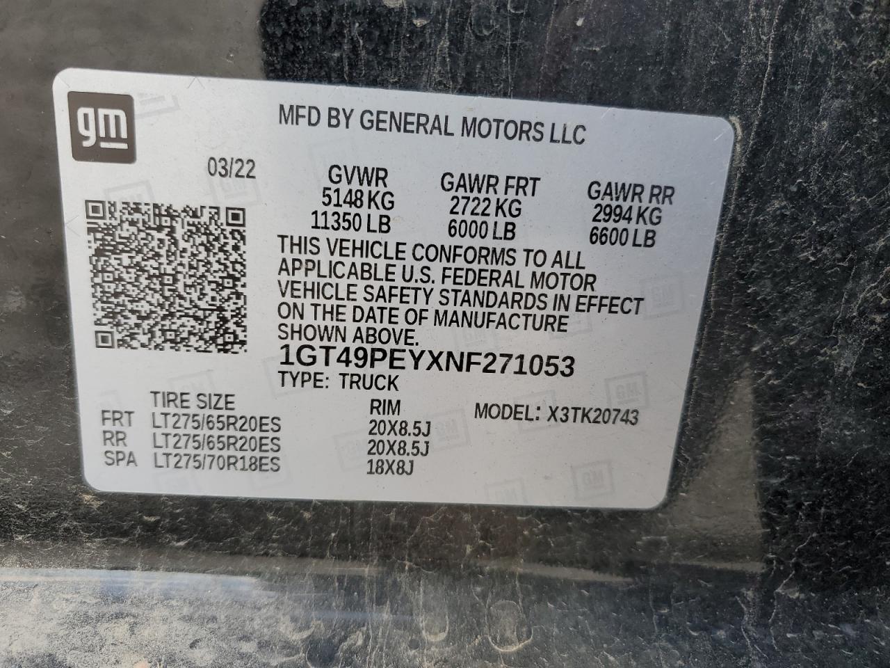 2022 GMC SIERRA K2500 AT4 VIN:1GT49PEYXNF271053