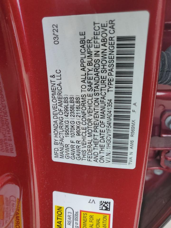 2022 HONDA ACCORD EXL VIN:1HGCV1F54NA041354