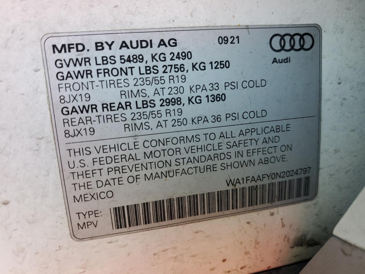 2022 AUDI Q5 PRESTIGE 45 VIN:WA1FAAFY0N2024797