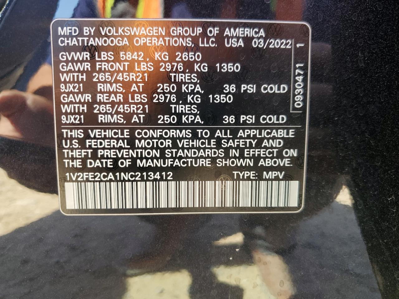 2022 VOLKSWAGEN ATLAS CROSS SPORT SEL PREMIUM R-LINE VIN:1V2FE2CA1NC213412