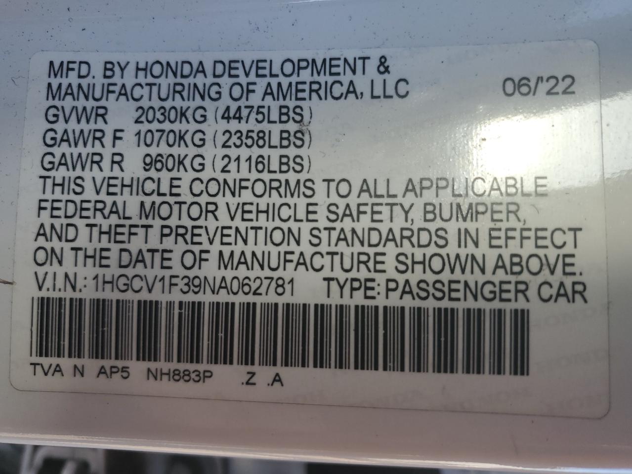 2022 HONDA ACCORD SPORT VIN:1HGCV1F39NA062781