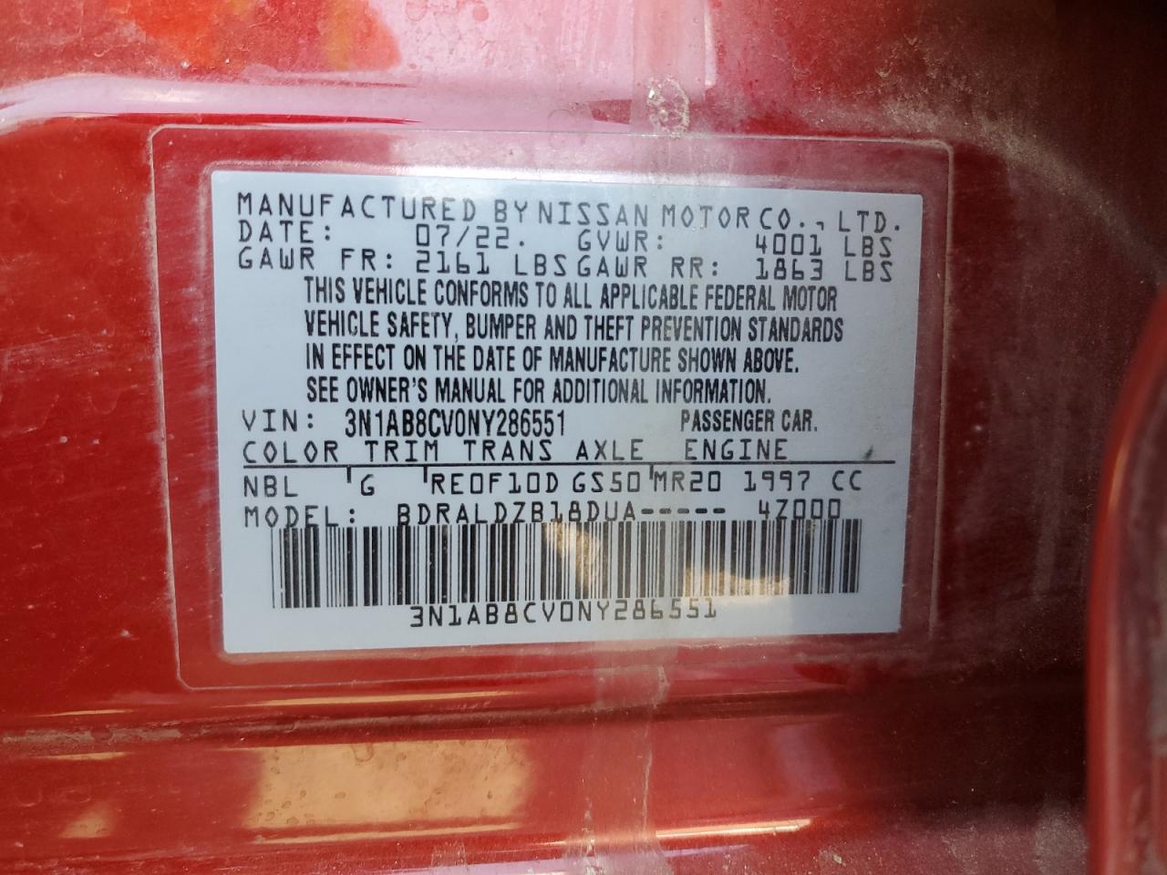 2022 NISSAN SENTRA SV VIN:3N1AB8CV0NY286551