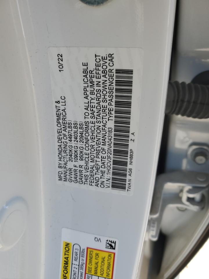 2022 HONDA ACCORD HYBRID SPORT VIN:1HGCV3F20NA043183