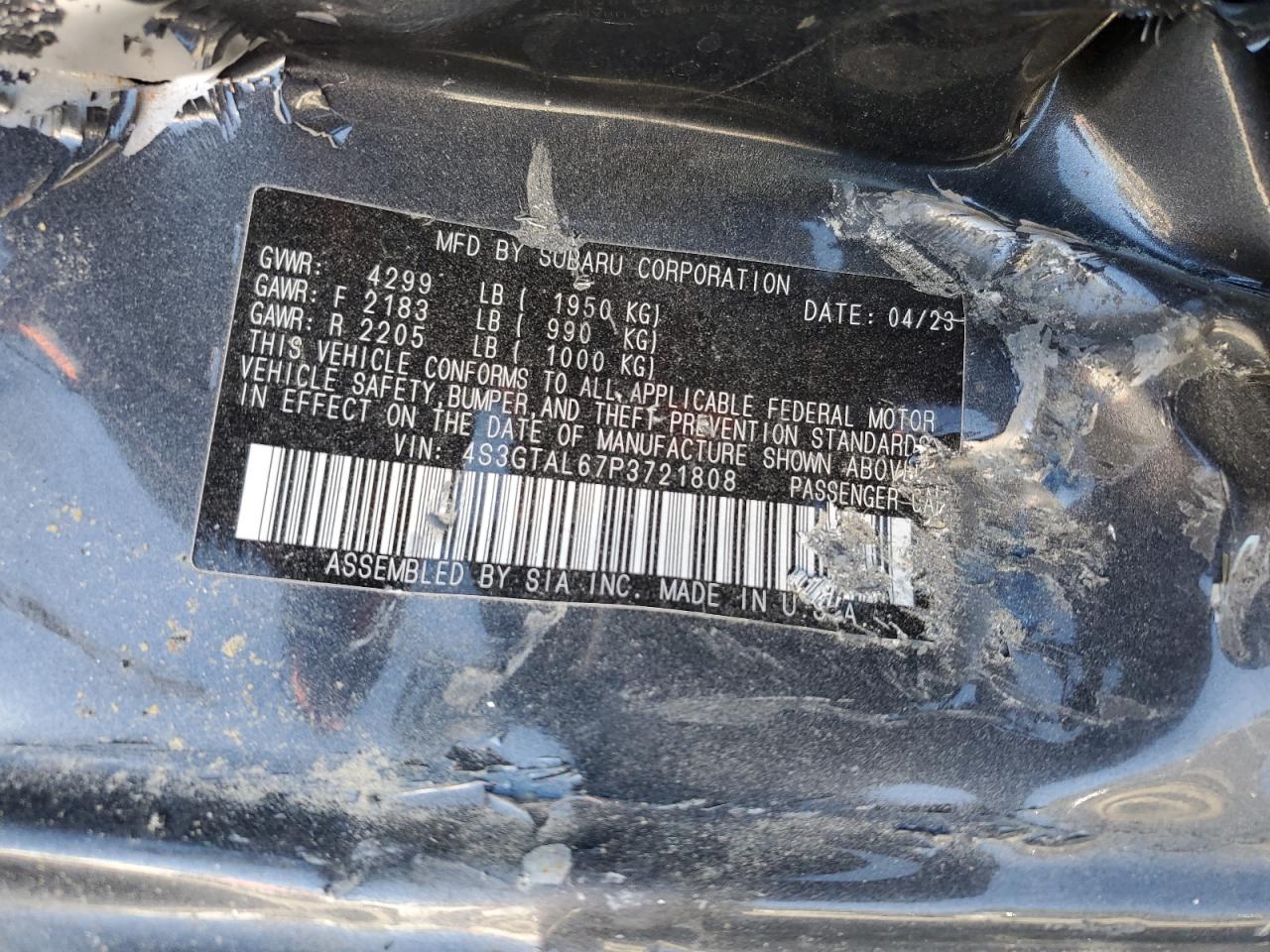 2023 SUBARU IMPREZA SPORT VIN:4S3GTAL67P3721808