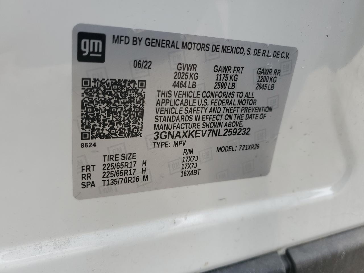 2022 CHEVROLET EQUINOX LT VIN:3GNAXKEV7NL259232