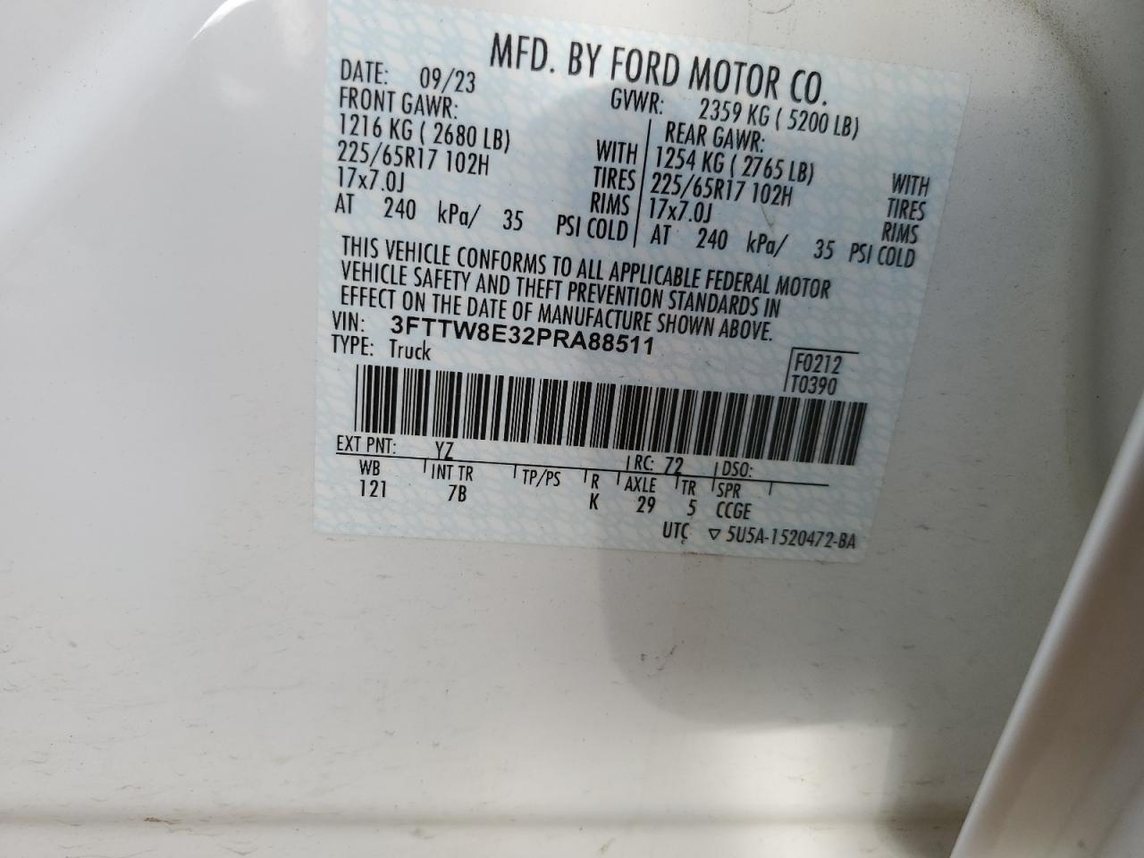 2023 FORD MAVERICK XL VIN:3FTTW8E32PRA88511