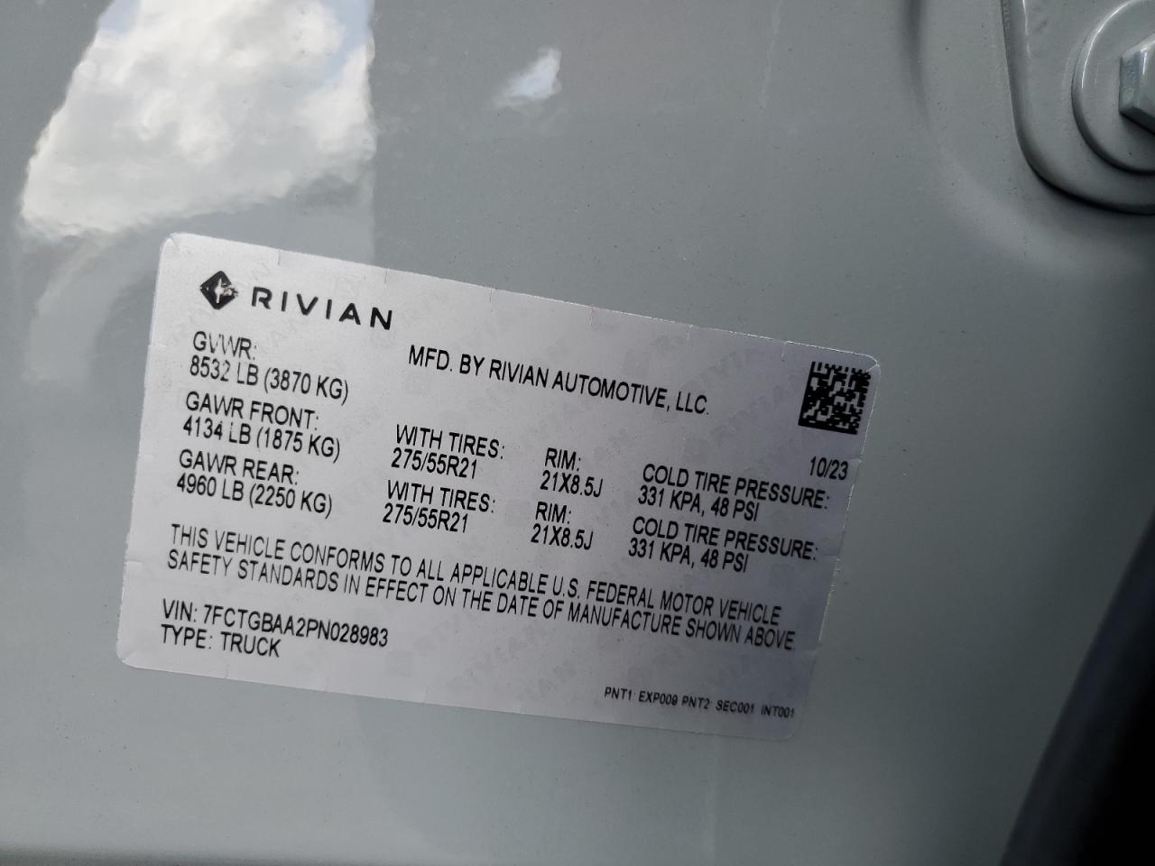 2023 RIVIAN R1T ADVENTURE VIN:7FCTGBAA2PN028983