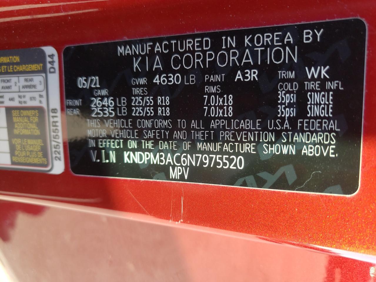 2022 KIA SPORTAGE LX VIN:KNDPM3AC6N7975520
