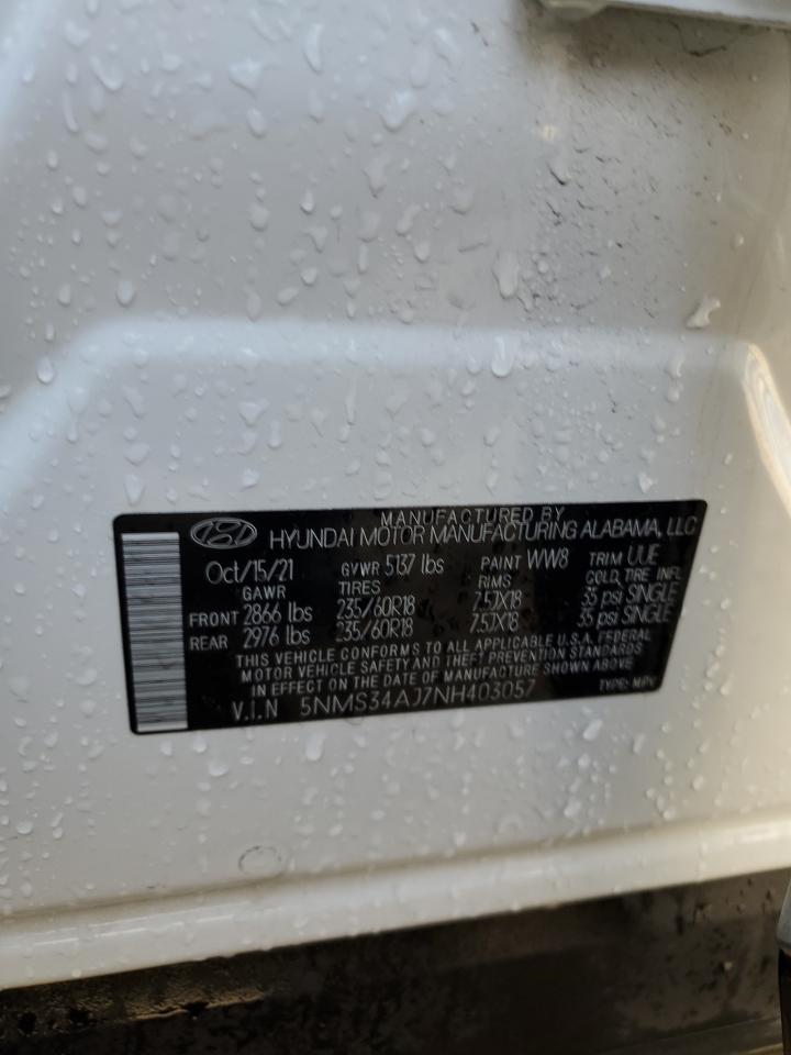 2022 HYUNDAI SANTA FE SEL VIN:5NMS34AJ7NH403057