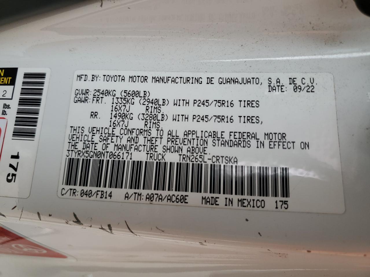 2022 TOYOTA TACOMA ACCESS CAB VIN:3TYRX5GN0NT066171