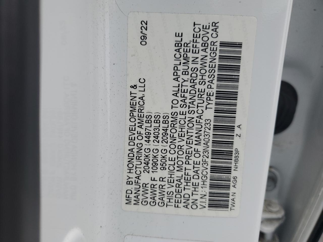 2022 HONDA ACCORD HYBRID SPORT VIN:1HGCV3F23NA037233