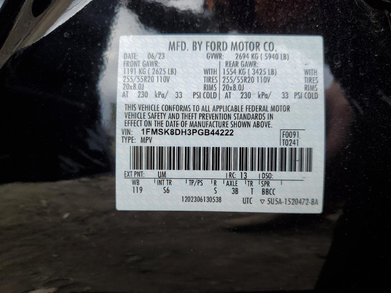 2023 FORD EXPLORER XLT VIN:1FMSK8DH3PGB44222