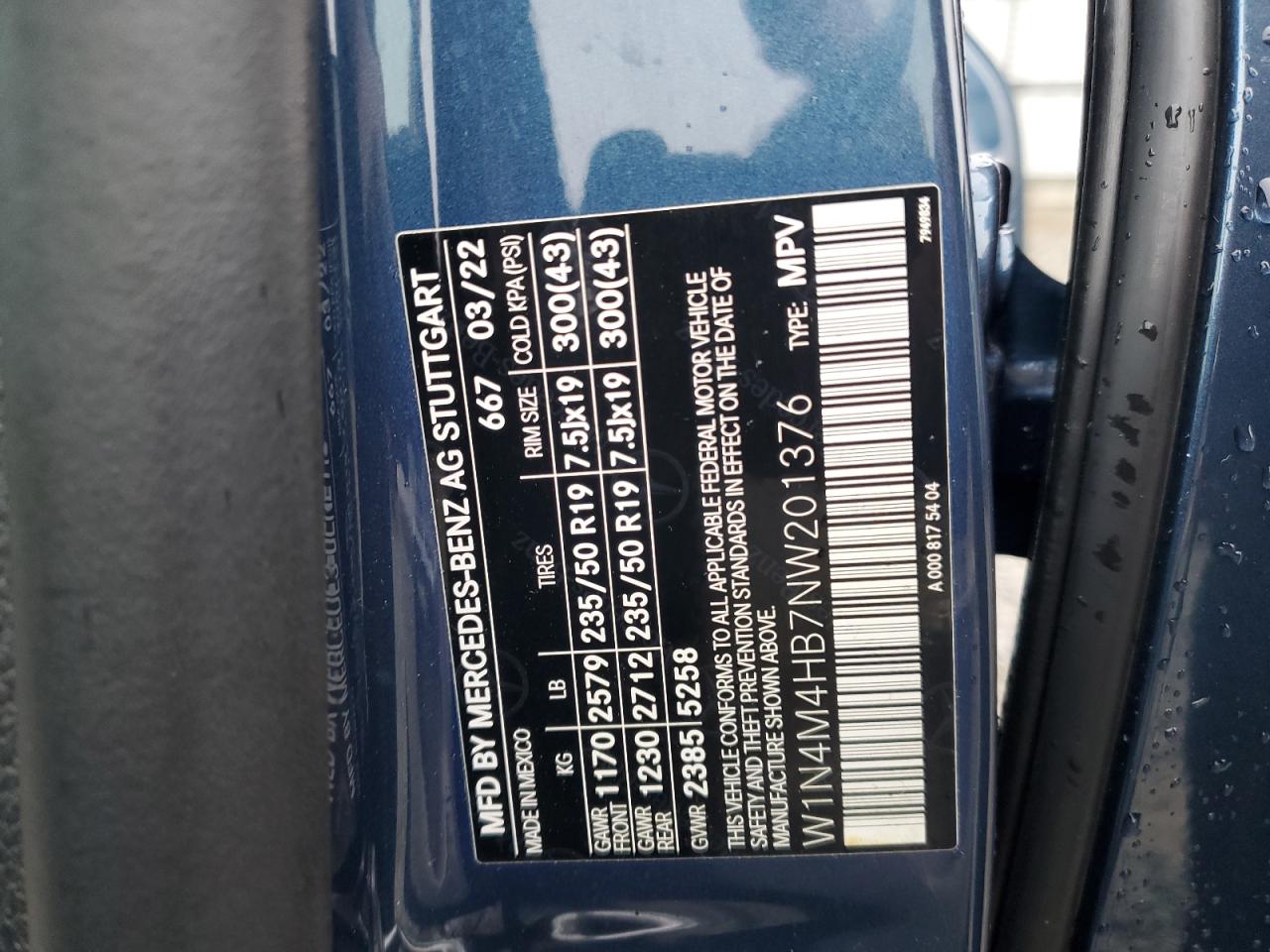 2022 MERCEDES-BENZ GLB 250 4MATIC VIN:W1N4M4HB7NW201376