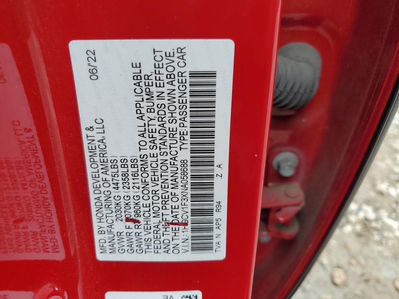 2022 HONDA ACCORD SPORT VIN:1HGCV1F3XNA058688