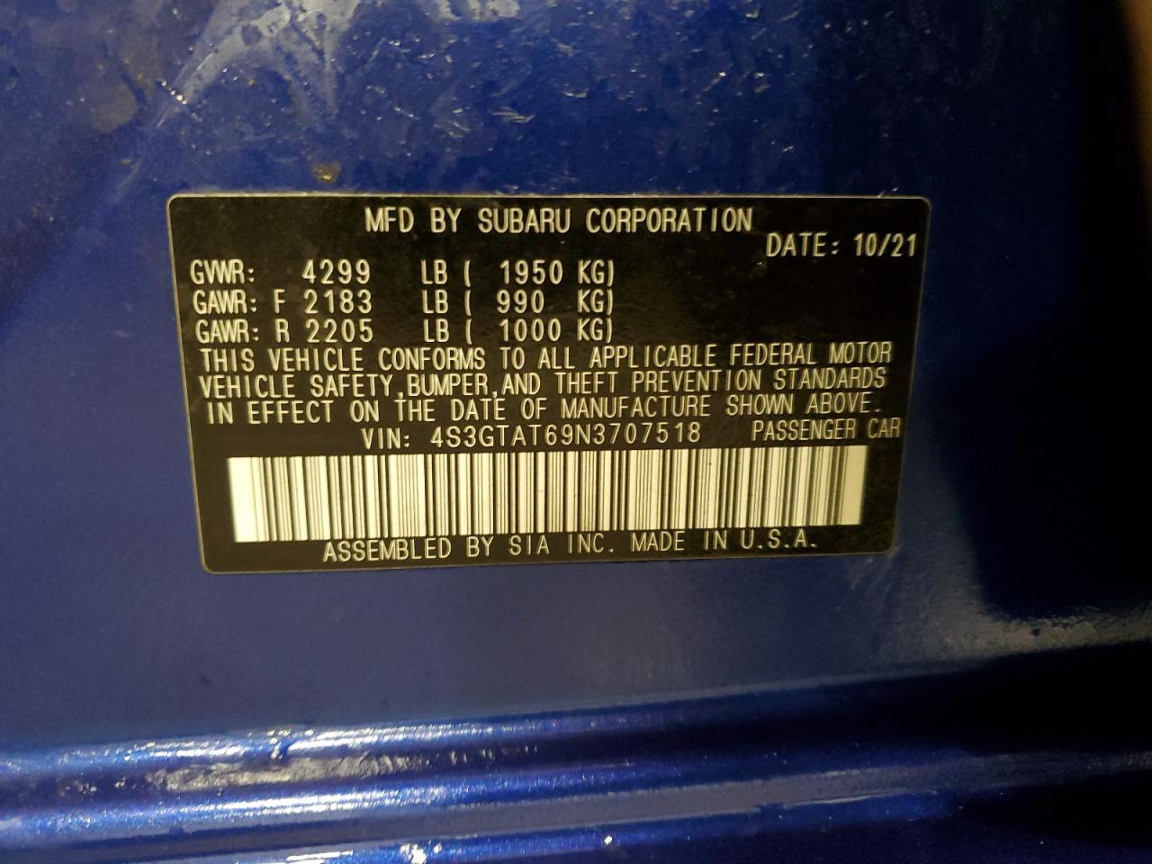 2022 SUBARU IMPREZA LIMITED VIN:4S3GTAT69N3707518