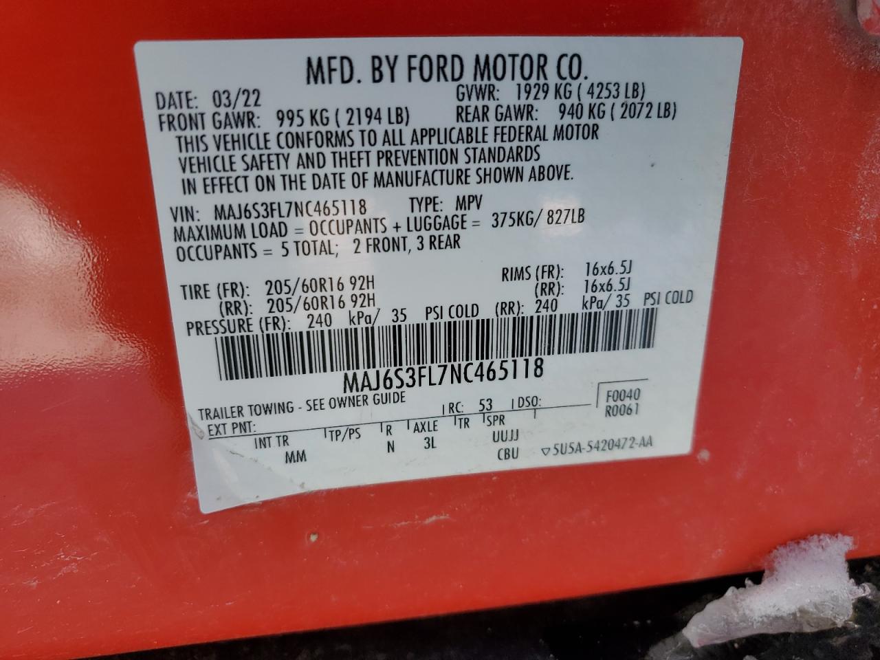 2022 FORD ECOSPORT S VIN:MAJ6S3FL7NC465118