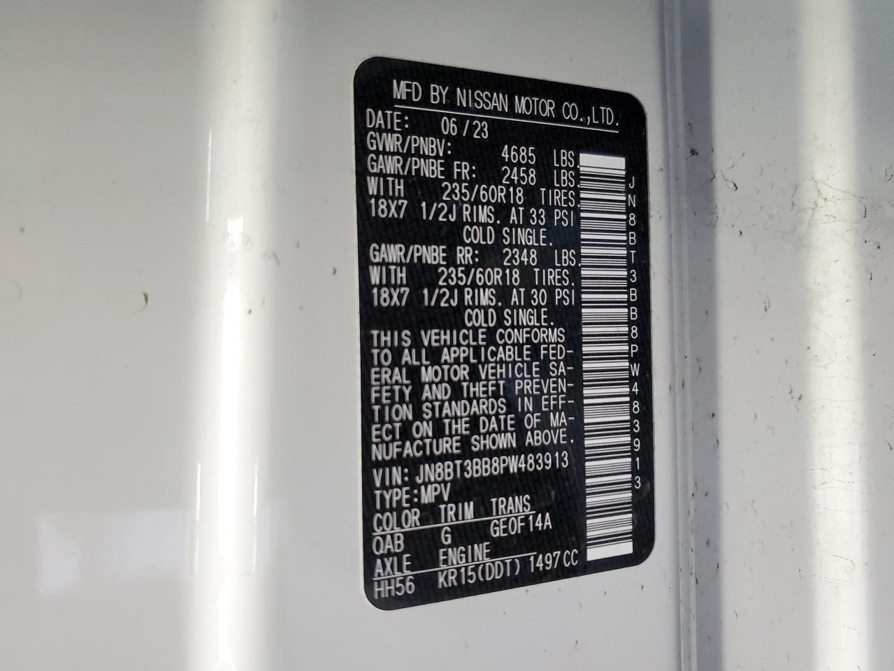 2023 NISSAN ROGUE SV VIN:JN8BT3BB8PW483913
