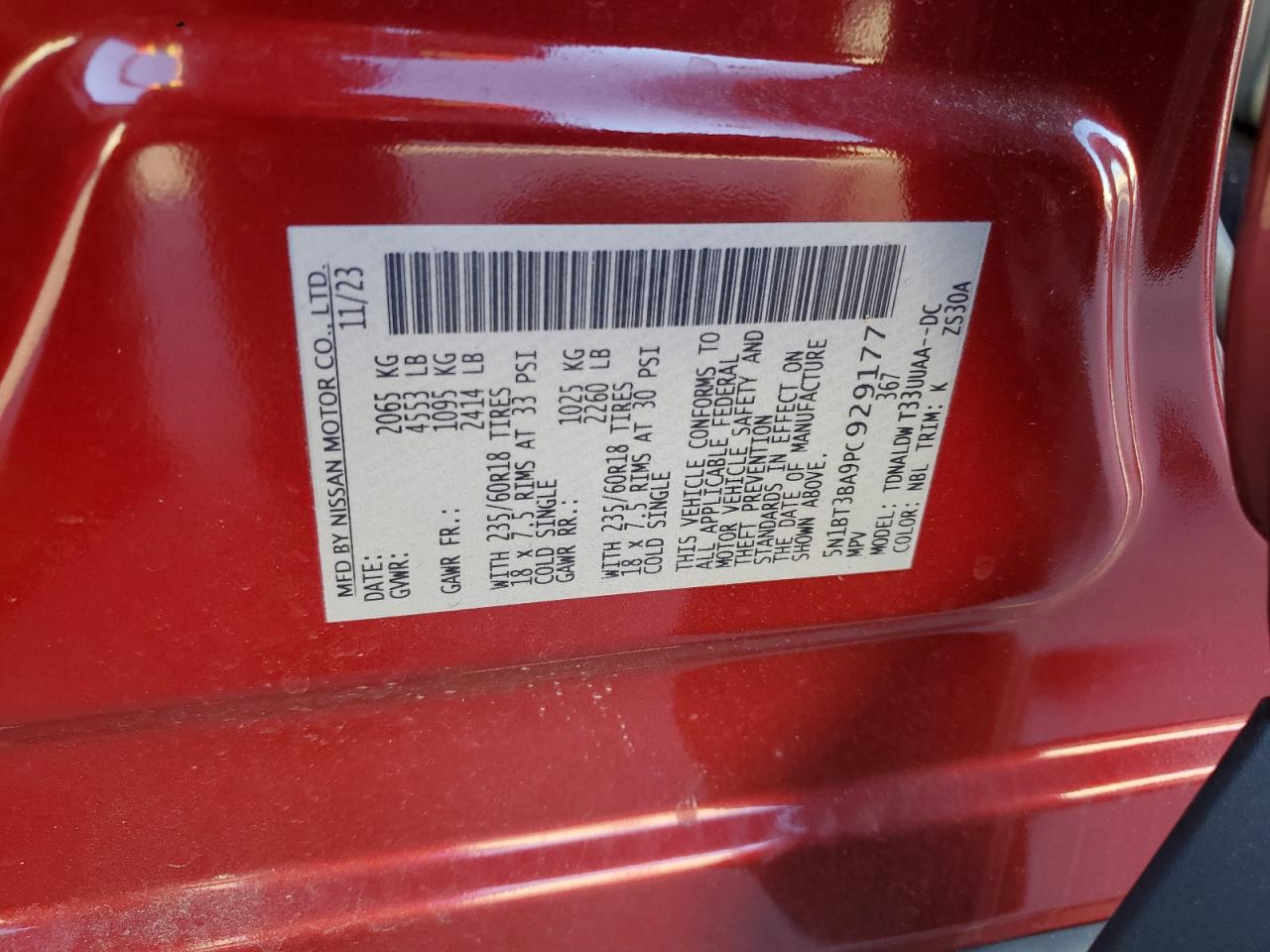 2023 NISSAN ROGUE SV VIN:5N1BT3BA9PC929177