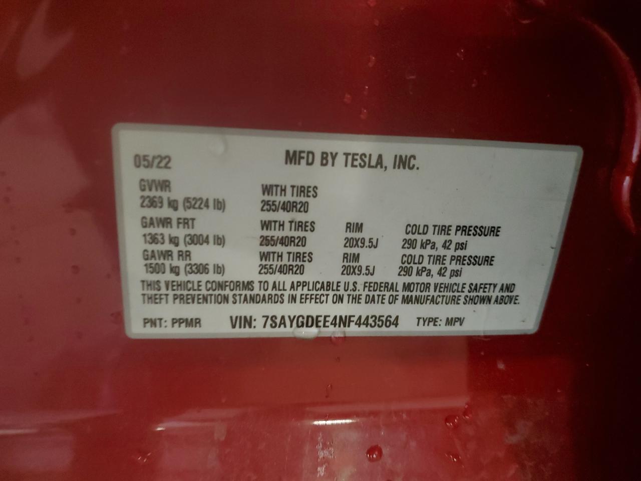 2022 TESLA MODEL Y  VIN:7SAYGDEE4NF443564