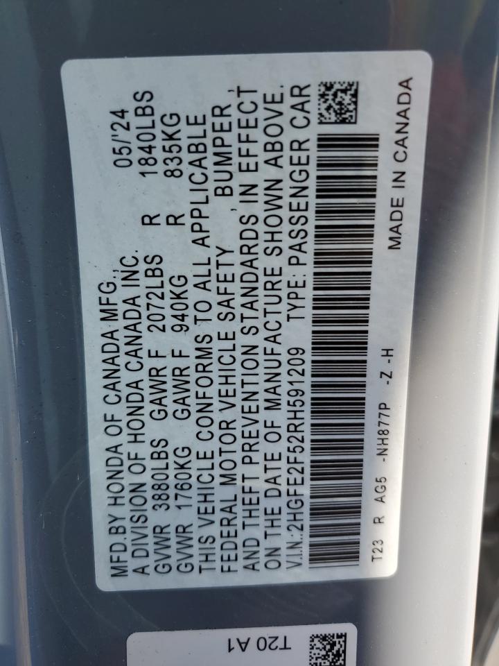 2024 HONDA CIVIC SPORT VIN:2HGFE2F52RH591209