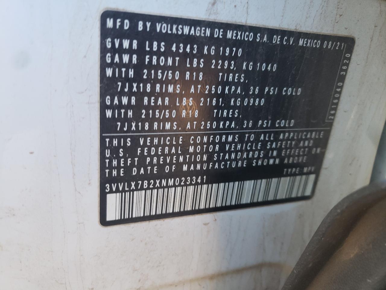 2022 VOLKSWAGEN TAOS SE IQ DRIVE VIN:JN1EV7CPXMM706094