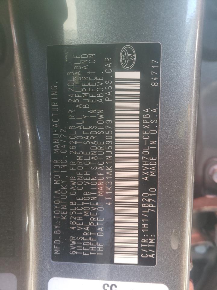 2022 TOYOTA CAMRY XSE VIN:4T1K31AK1NU590579