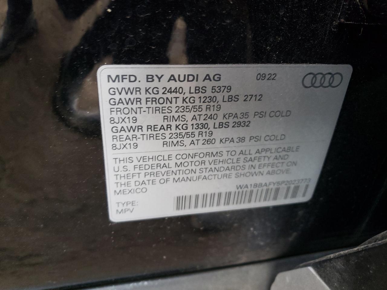 2023 AUDI Q5 PREMIUM PLUS 40 VIN:WA1BBAFY5P2023773