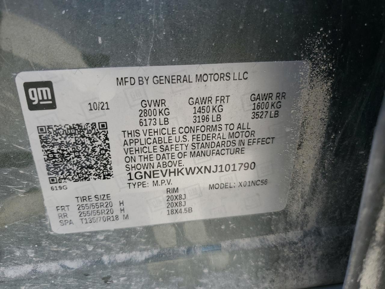 2022 CHEVROLET TRAVERSE LT VIN:1GNEVHKWXNJ101790