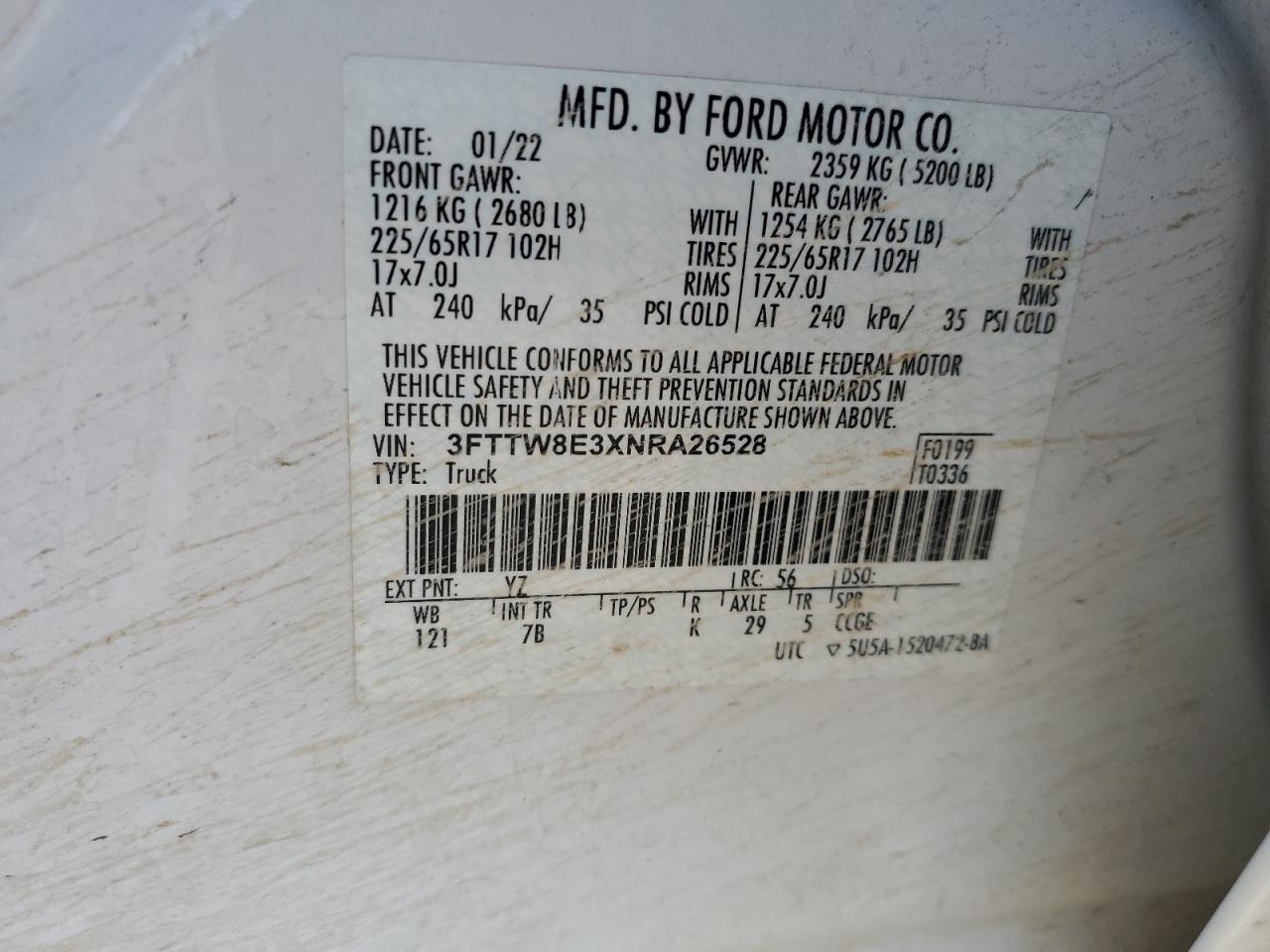2022 FORD MAVERICK XL VIN:3FTTW8E3XNRA26528