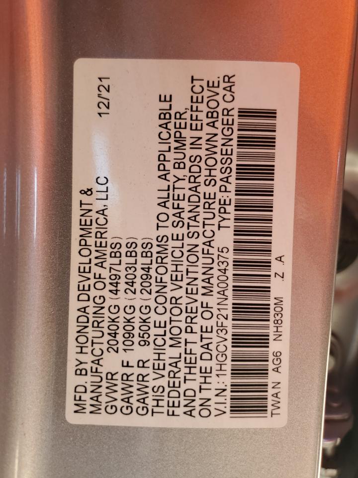 2022 HONDA ACCORD HYBRID SPORT VIN:1HGCV3F21NA004375