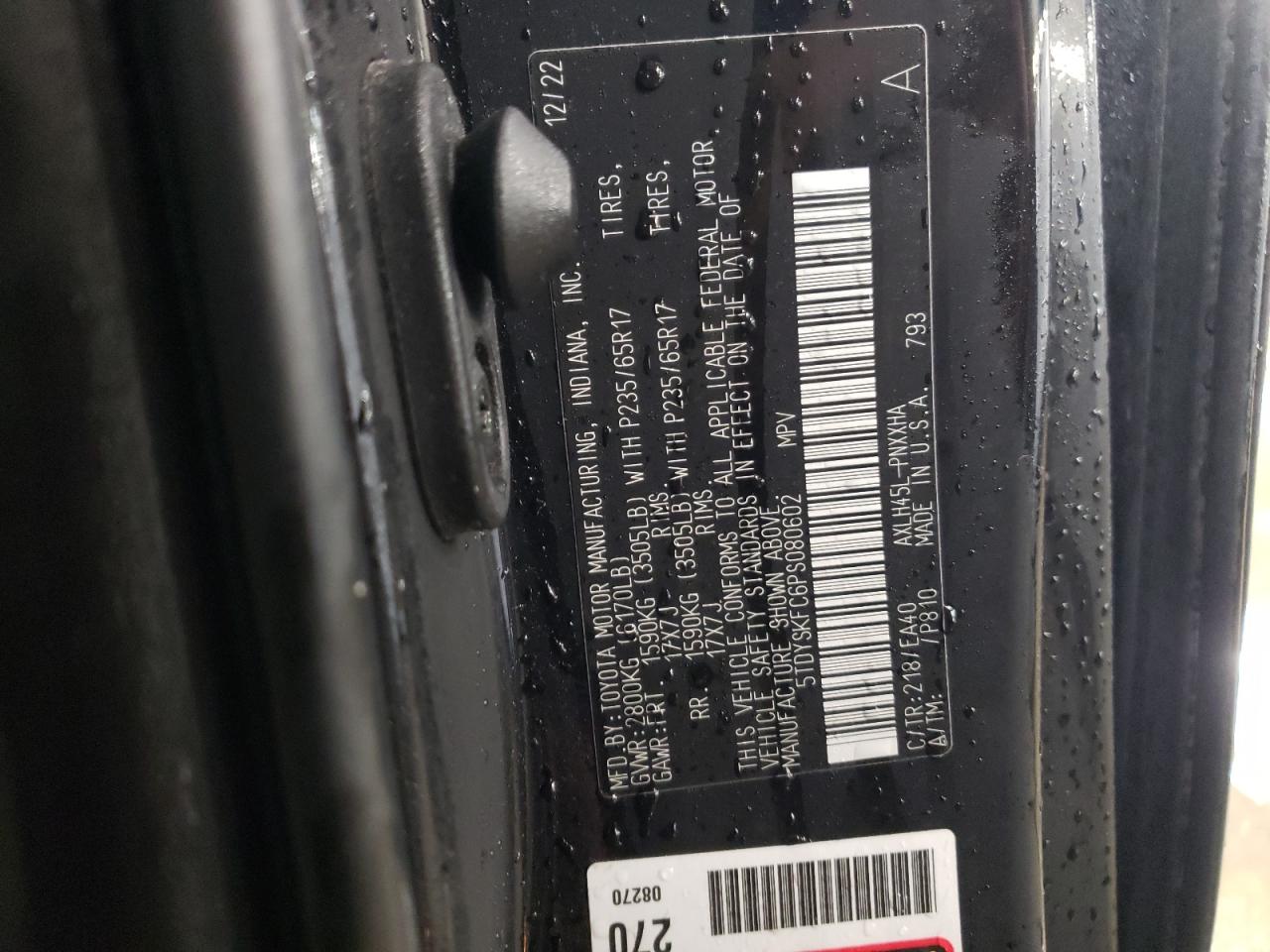 2023 TOYOTA SIENNA XLE VIN:5TDYSKFC6PS080602