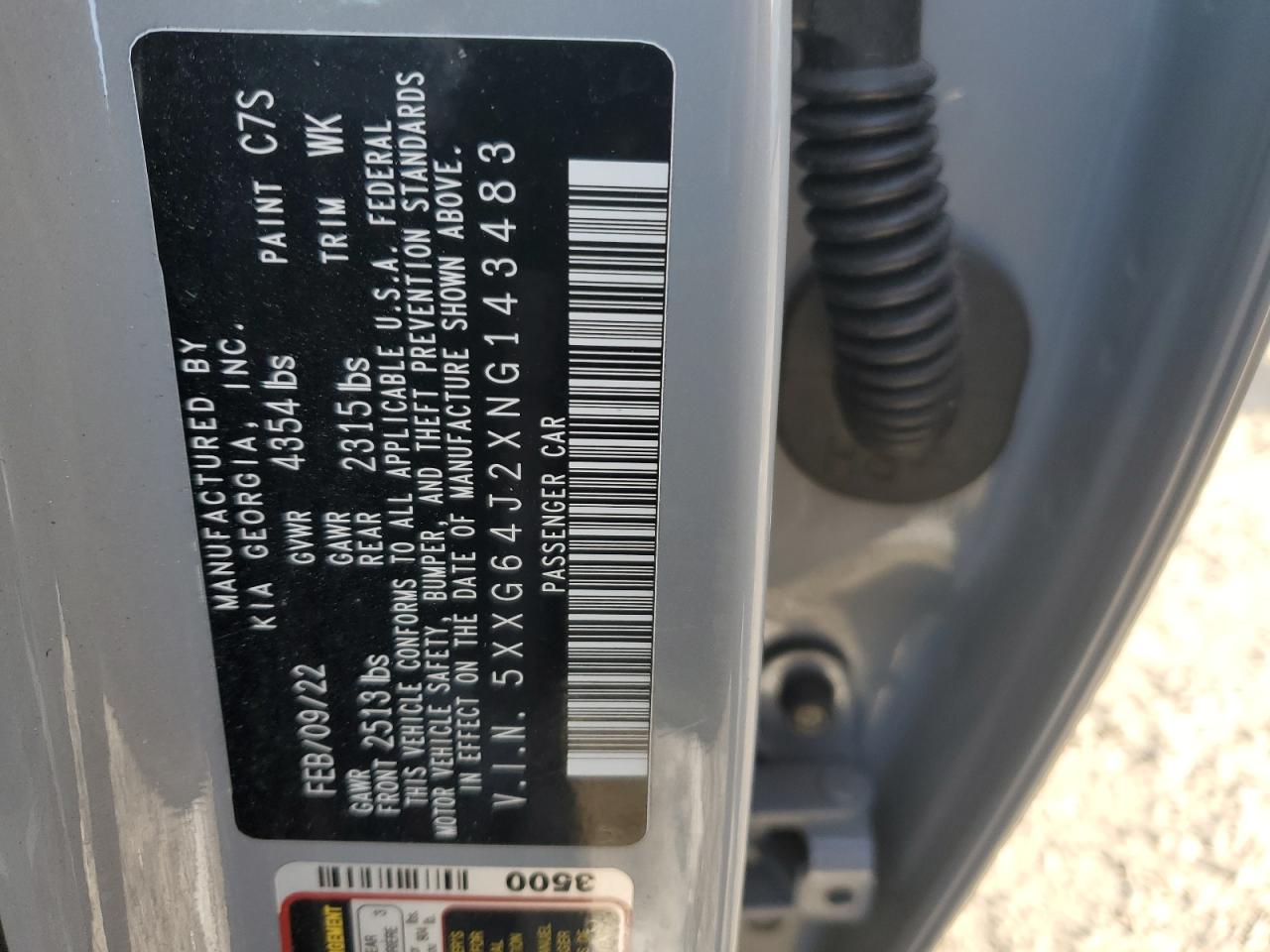 2022 KIA K5 GT LINE VIN:5XXG64J2XNG143483